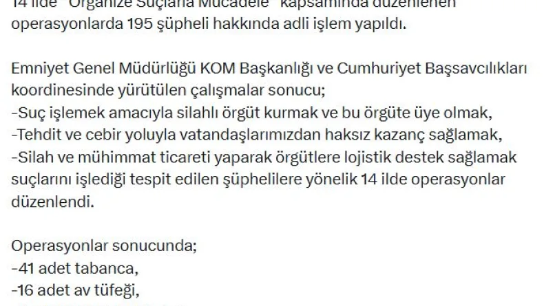 14 ilde organize suçlarla mücadele operasyonu: 195 şüpheliye adli işlem
