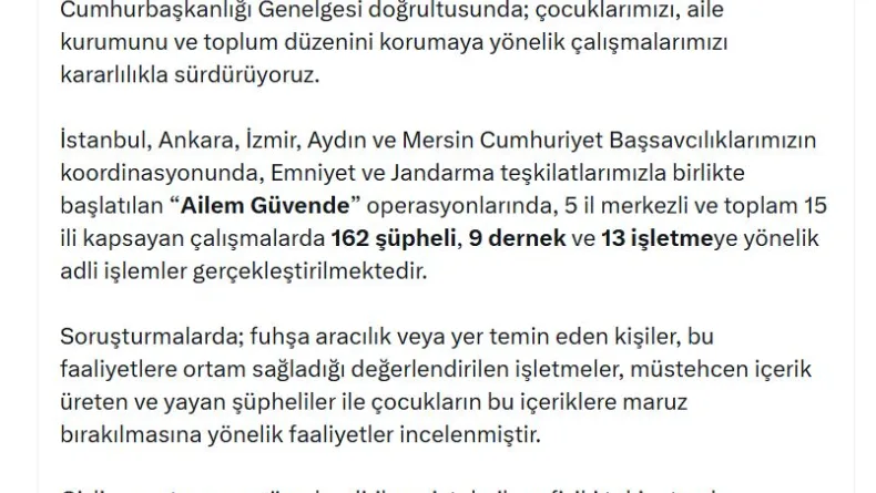 15 ilde 'Ailem Güvende' operasyonu: 162 şüpheli, 9 dernek ve 13 işletmeye adli işlem