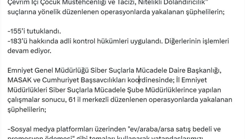61 ilde siber suç operasyonları: 155 tutuklama