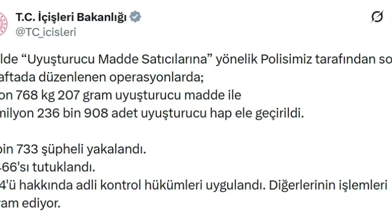 78 ilde uyuşturucu operasyonu: 1466 tutuklama