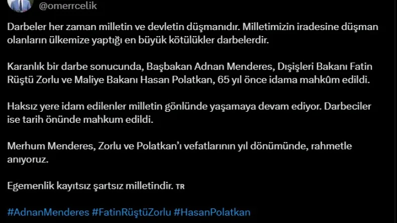 AK Parti'li Çelik, Menderes, Polakan ve Zorlu'yu andı