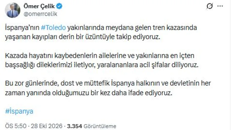 AK Parti'li Çelik'ten, İspanya'ya taziye mesajı
