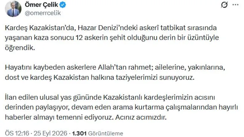 AK Parti'li Çelik'ten, Kazakistan'a taziye mesajı