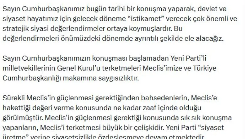AK Parti'li Çelik: Yeni Partililerin Genel Kurul’u terk etmeleri Meclis’imize saygısızlıktır