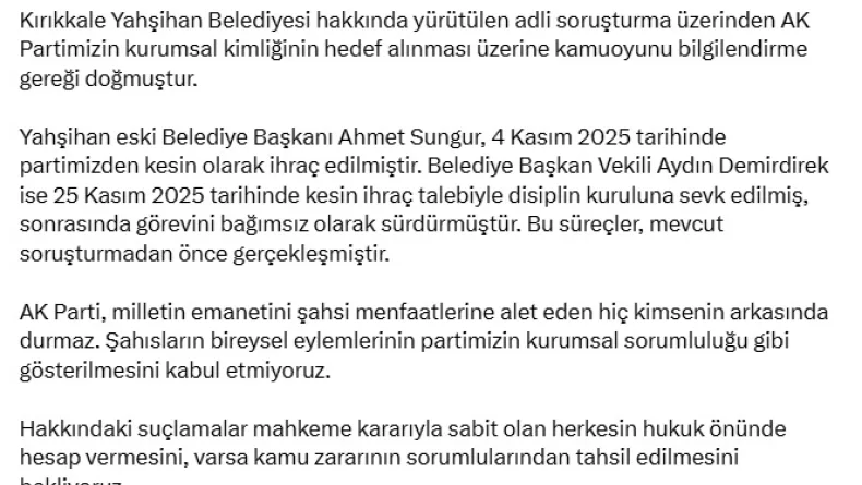 AK Parti'li Demir: Şahısların eylemlerinin partimizin kurumsal sorumluluğu gibi gösterilmesini kabul etmiyoruz
