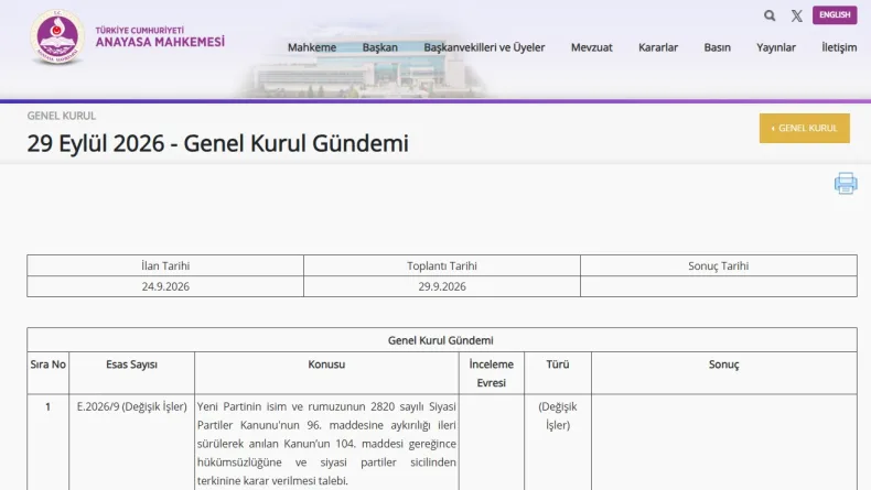 AYM, Yeni Parti'nin ismine ilişkin talebi 29 Eylül'de görüşecek