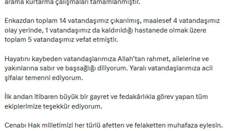 Bakan Çiftçi: Çöken binanın enkazındaki arama kurtarma çalışmaları tamamlandı