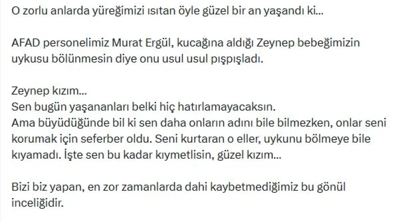 Bakan Çiftçi'den Sakarya'da kurtarılan Zeynep bebeğe ilişkin paylaşım