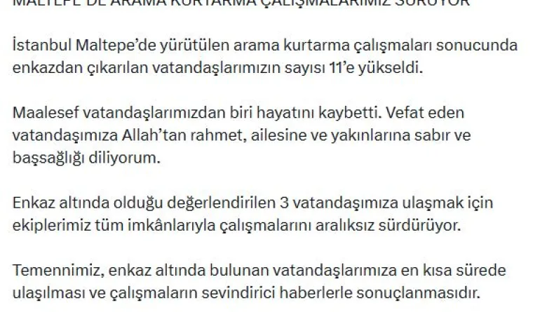 Bakan Çiftçi: Enkazdan çıkarılanların sayısı 11'e yükseldi