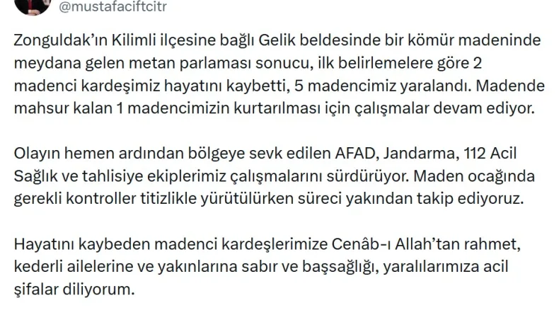 Bakan Çifti'den Zonguldak'taki maden kazasına ilişkin açıklama; Süreci takip ediyoruz