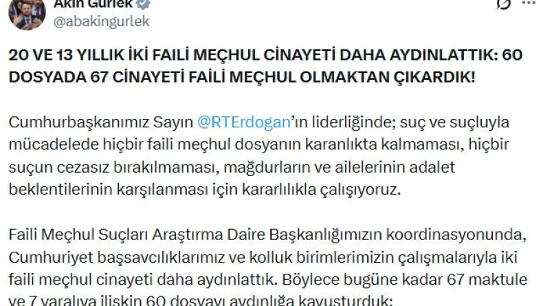 Bakan Gürlek: 2 faili meçhul dosyayı daha aydınlattık