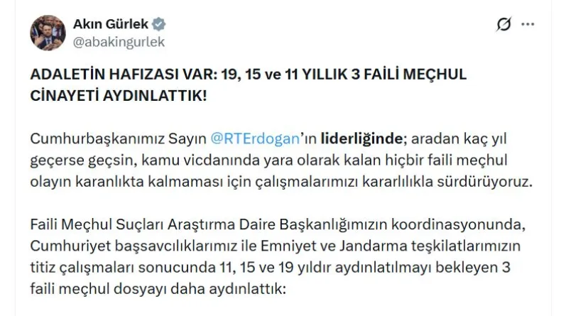 Bakan Gürlek: 3 faili meçhul dosyayı daha aydınlattık