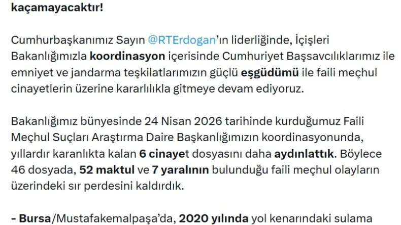 Bakan Gürlek: 6 cinayet dosyasını daha aydınlattık