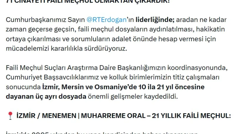 Bakan Gürlek: 64 dosyada 71 cinayeti faili meçhul olmaktan çıkardık