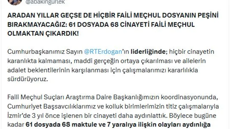 Bakan Gürlek: 68 cinayeti faili meçhul olmaktan çıkardık