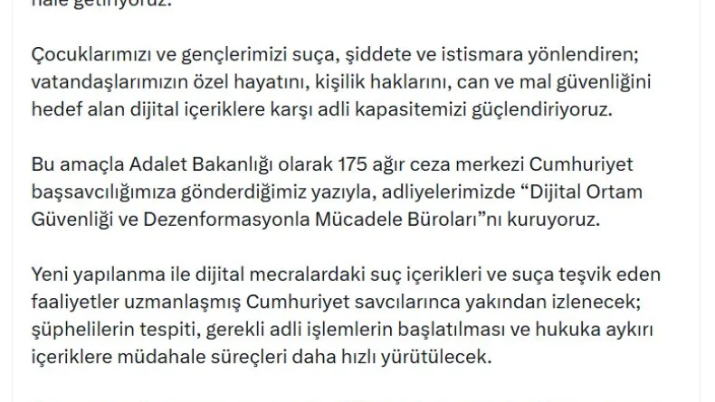 Bakan Gürlek:  'Dijital Ortam Güvenliği ve Dezenformasyonla Mücadele Büroları' kuruyoruz