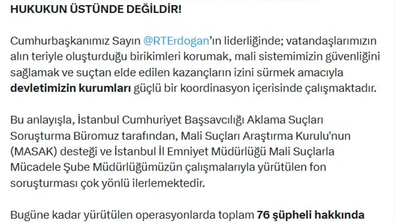 Bakan Gürlek: Fon soruşturmasında 45 şüpheli tutuklandı