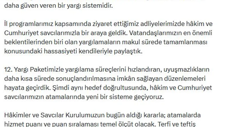Bakan Gürlek: Hakim ve savcı atamalarında hizmet puanı temel ölçüt olacak