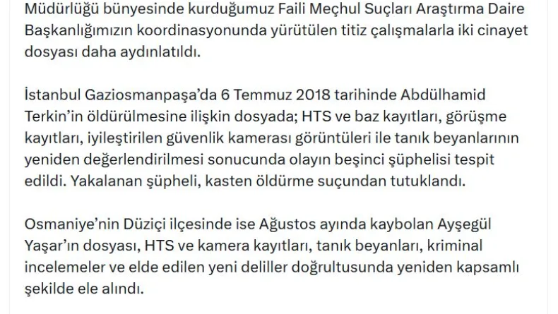 Bakan Gürlek: İki cinayet dosyası daha aydınlatıldı