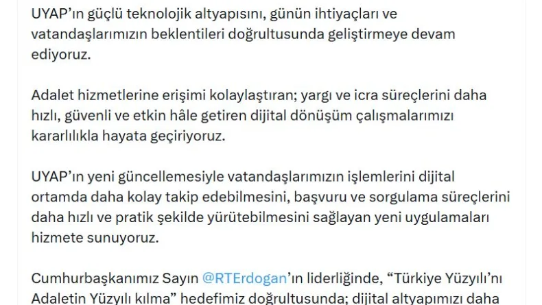 Bakan Gürlek: UYAP'ın yeni güncellemesiyle yeni uygulamaları hizmete sunuyoruz