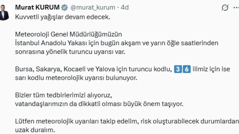 Bakan Kurum: Kuvvetli yağışlar devam edecek