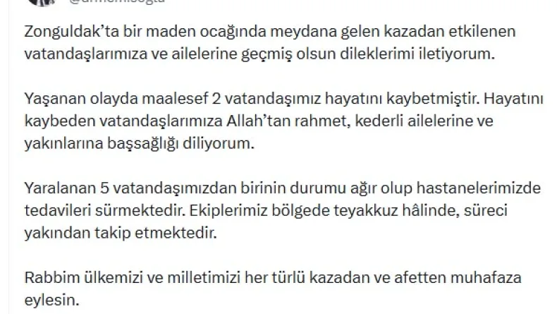 Bakan Memişoğlu'ndan Zonguldak'taki maden kazasına ilişkin açıklama