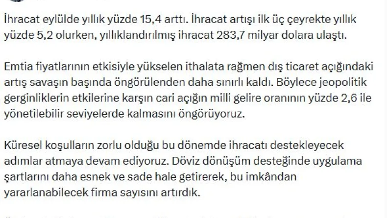 Bakan Şimşek: Dış ticaret açığındaki artış savaşın başında öngörülenden daha sınırlı kaldı