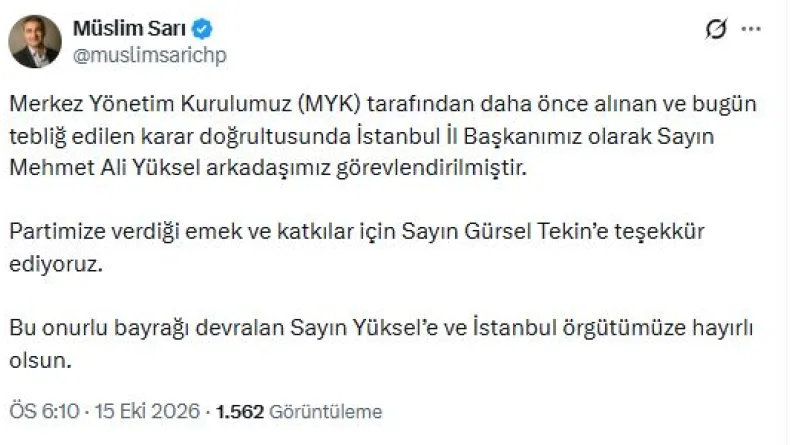 CHP İstanbul İl Başkanlığına Mehmet Ali Yüksel getirildi