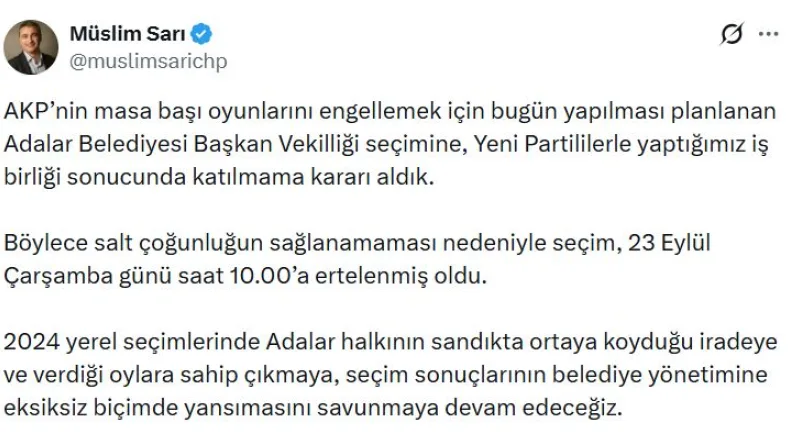 CHP Sözcüsü Sarı: Adalar Belediyesi Başkan Vekilliği seçimine katılmama kararı aldık