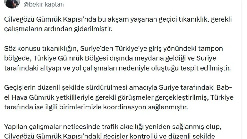 Cilvegözü Gümrük Kapısı’nda yaşanan geçici tıkanıklık giderildi