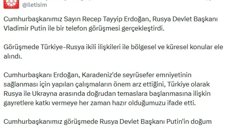 Cumhurbaşkanı Erdoğan, Rusya Devlet Başkanı Putin ile telefonda görüştü