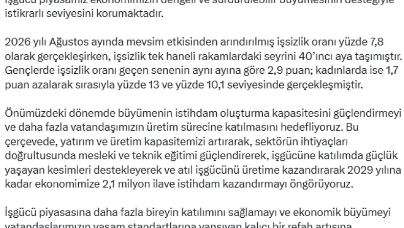 Cumhurbaşkanı Yardımcısı Yılmaz: İş gücü piyasamız istikrarlı seviyesini korumaktadır