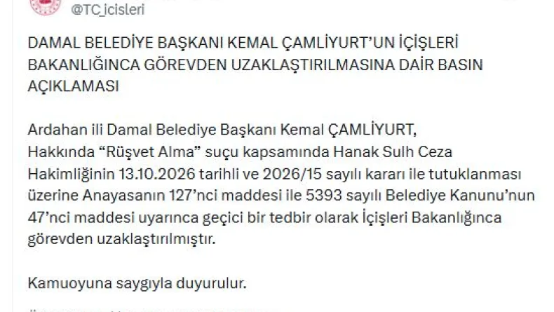 Damal Belediye Başkanı Çamliyurt, görevden uzaklaştırıldı
