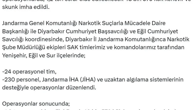Diyarbakır'da 48 bin kök kenevir ve skunk imha edildi