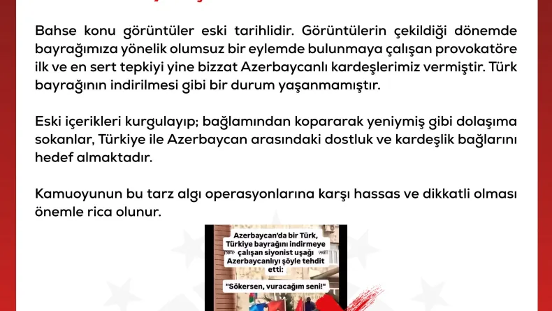 DMM: Azerbaycan’da Türk bayrağının indirilmeye çalışıldığı iddiaları asılsızdır