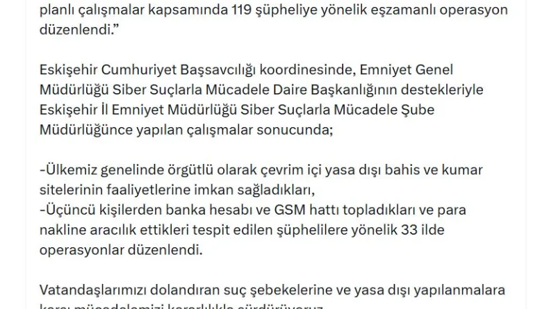 Eskişehir merkezli 33 ilde 119 şüpheliye yönelik 'yasa dışı bahis' operasyonu
