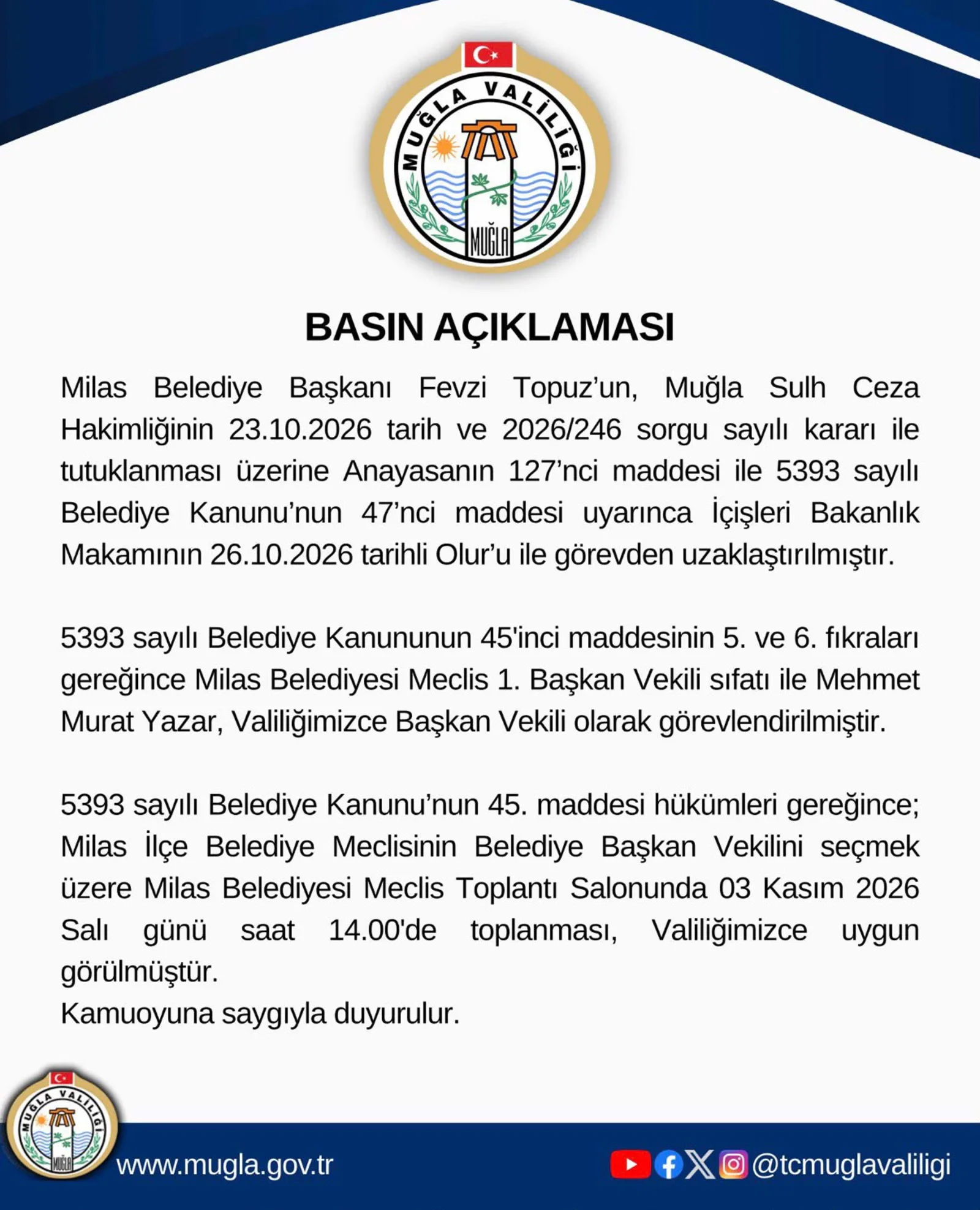Fevzi Topuz'un yerine geçici olarak Mehmet Murat Yazar başkan vekili olarak görevlendirildi