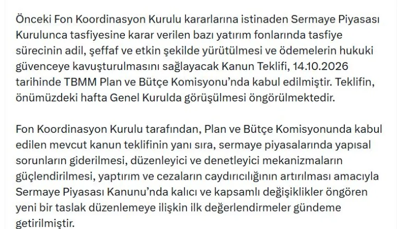 Fon Kurulu'ndan 6'ıncı toplantı: Tasfiye sürecinde olan fonların sayısı 131'den 65'e düştü