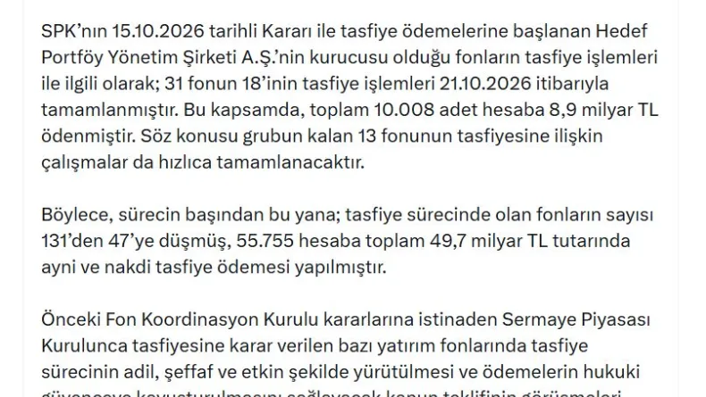 Fon Kurulu'ndan 7'nci toplantı: Tasfiye sürecindeki fon sayısı 131'den 47'e düştü