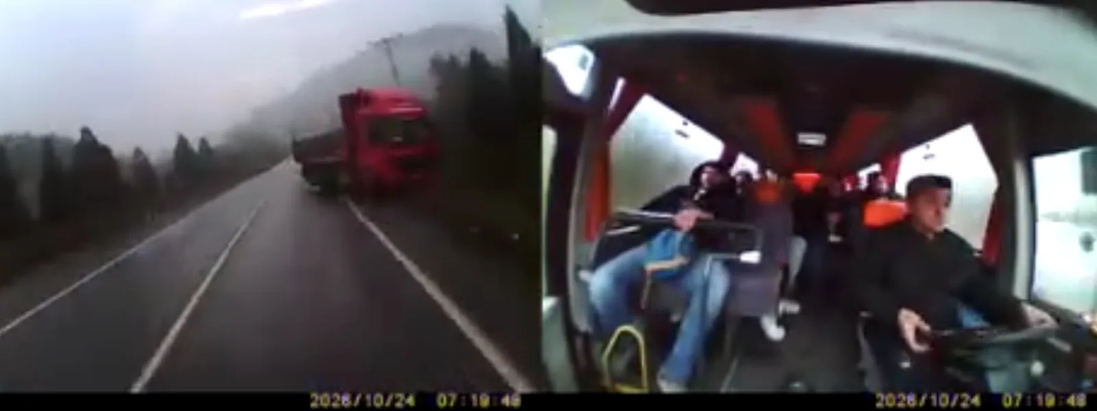 Hatalı sollama yapan kamyon ile midibüs burun buruna geldi