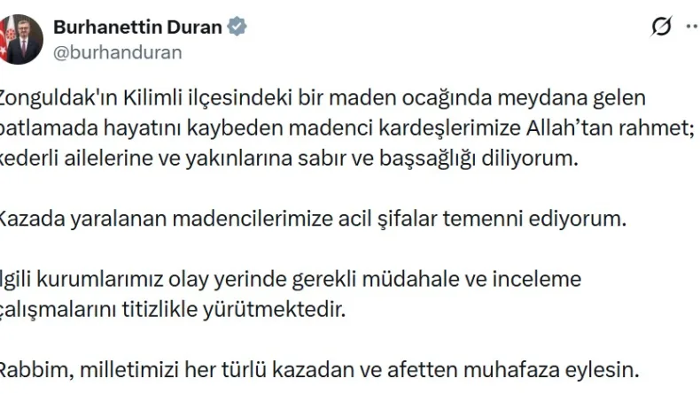 İletişim Başkanı Duran'dan, yaşamını yitiren madenciler için başsağlığı mesajı
