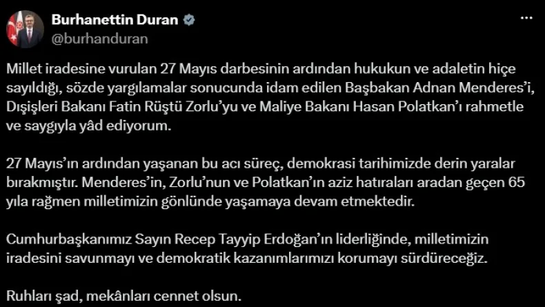 İletişim Başkanı Duran: Menderes, Zorlu ve Polatkan'ı rahmetle yad ediyorum