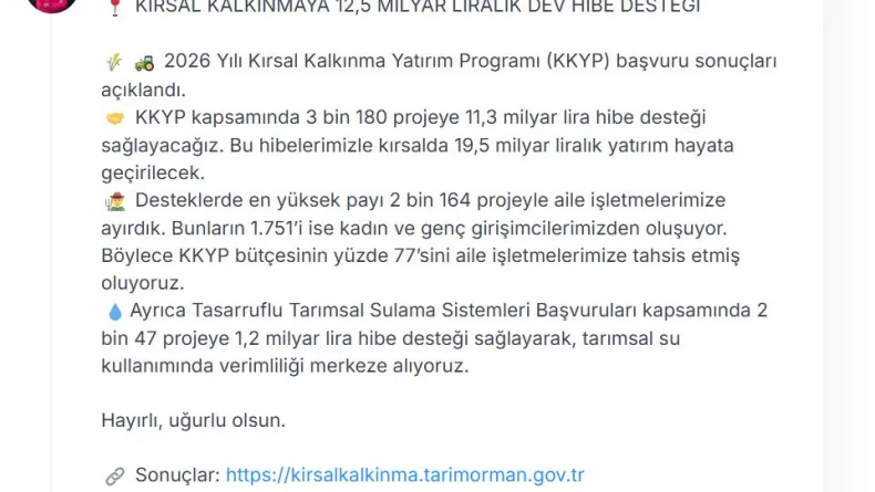 Kırsal kalkınmaya 12,5 milyar liralık hibe desteği