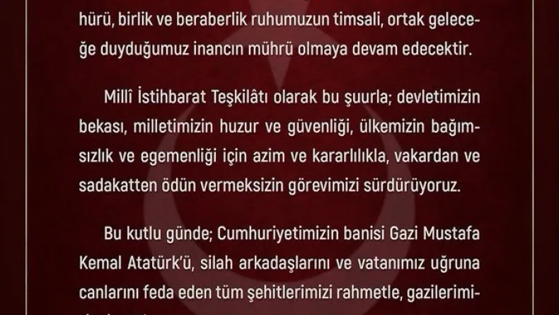 MİT Başkanı Kalın'dan Cumhuriyet Bayramı mesajı
