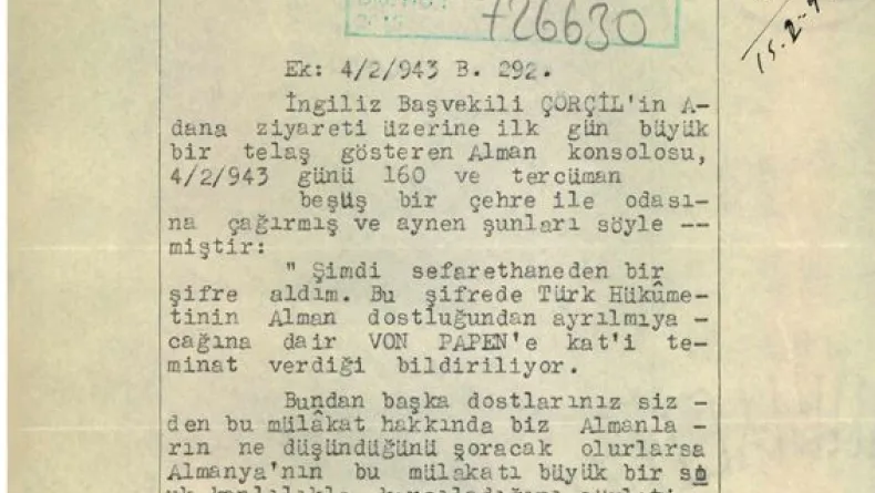 MİT, İnönü ile Churchill görüşmesinin Alman çevrelerine yansımasına ilişkin belgeyi paylaştı