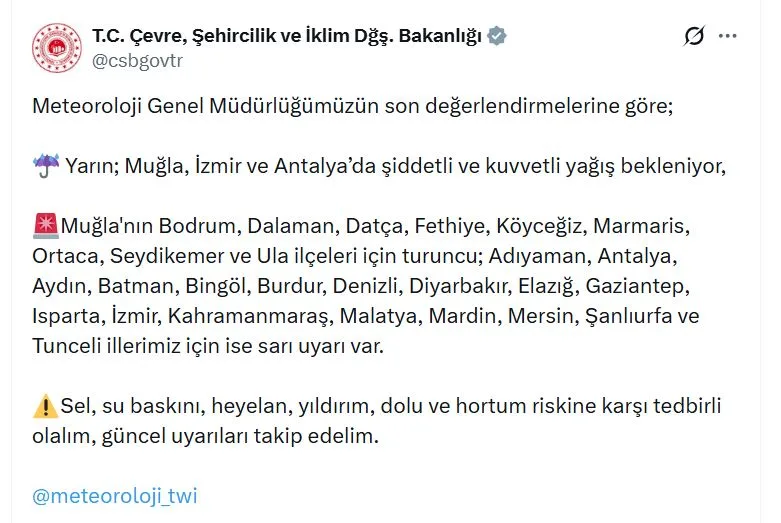 Muğla için 'turuncu', 18 il için 'sarı' kodlu uyarı