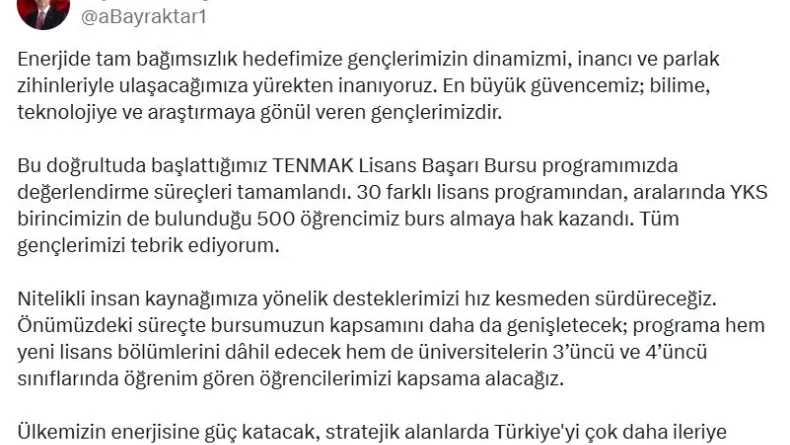 'TENMAK Yurt İçi Lisans Başarı Bursu' hak sahipleri belirlendi