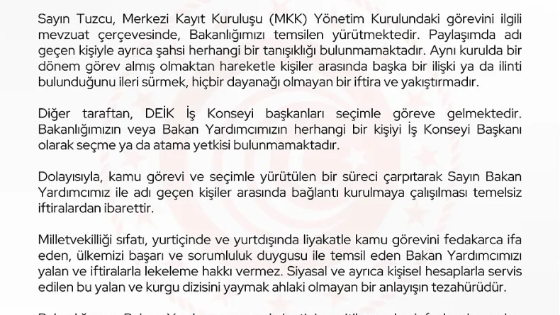 Ticaret Bakanlığı: Bakan Yardımcımız Tuzcu hakkında ortaya atılan iddialar gerçek dışı