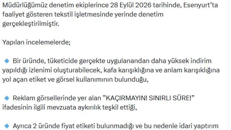 Ticaret Bakanlığı'ndan Esenyurt'ta tekstil işletmesine yapılan denetime ilişkin açıklama