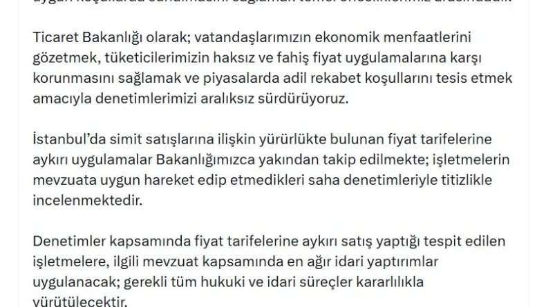 Ticaret Bakanlığı'ndan İstanbul'daki simit fiyatlarına inceleme